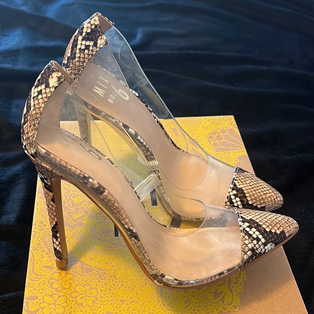 Clear snakeskin heels